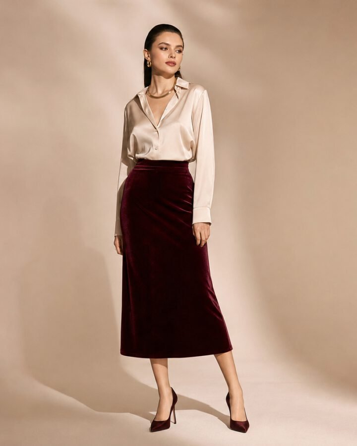 Wine Velvet Midi Skirt
